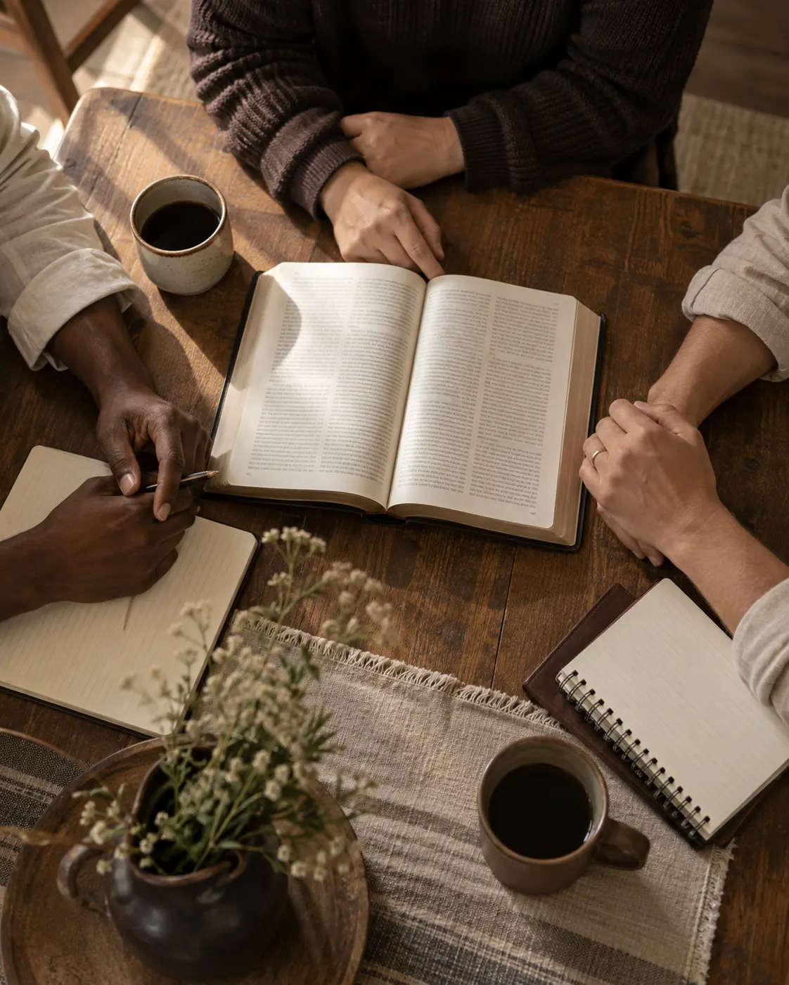 Mãos e antebraços de três pessoas reunidas em torno de um livro aberto e cadernos.