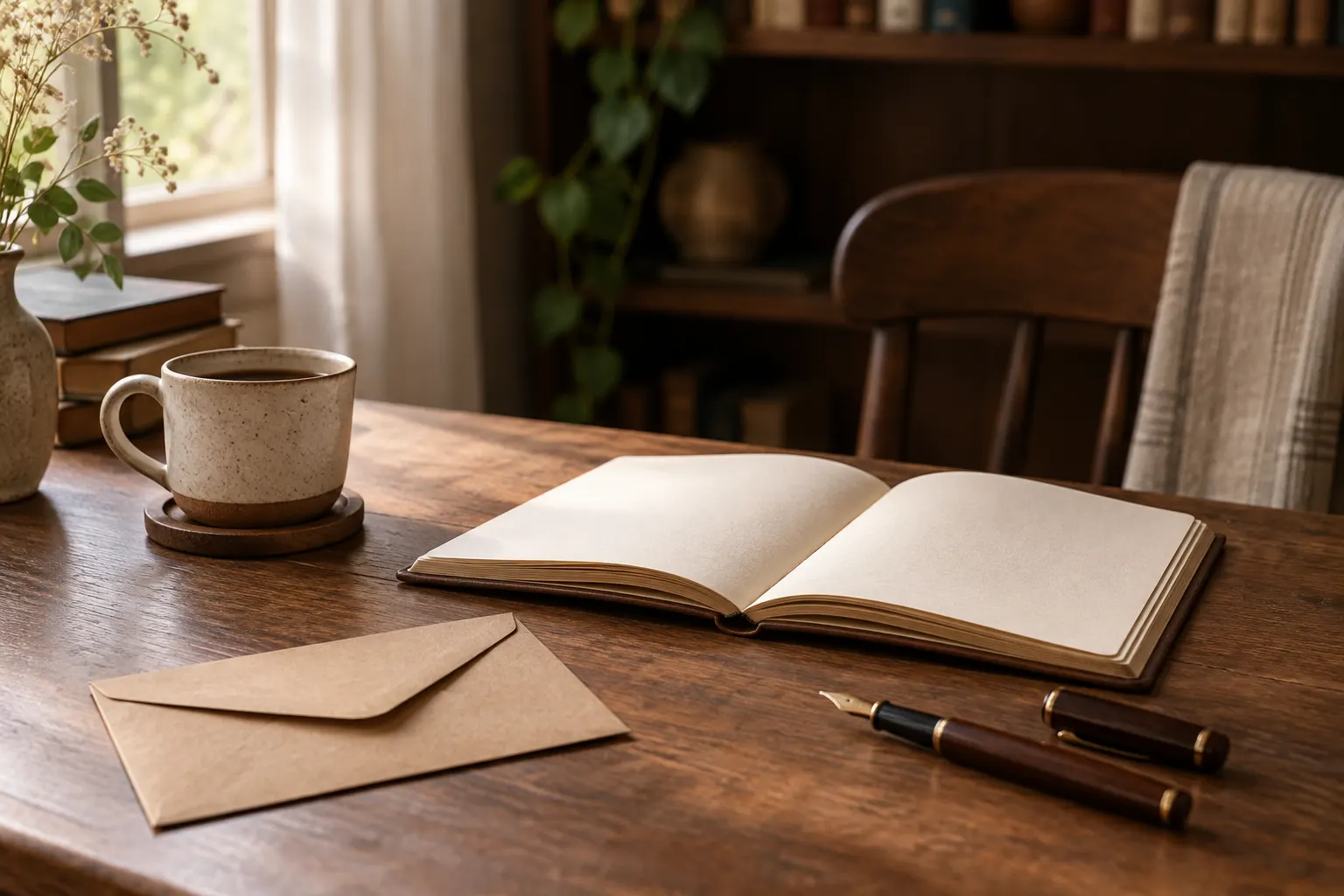 Caderno aberto, caneta-tinteiro e envelope kraft sobre mesa de madeira.